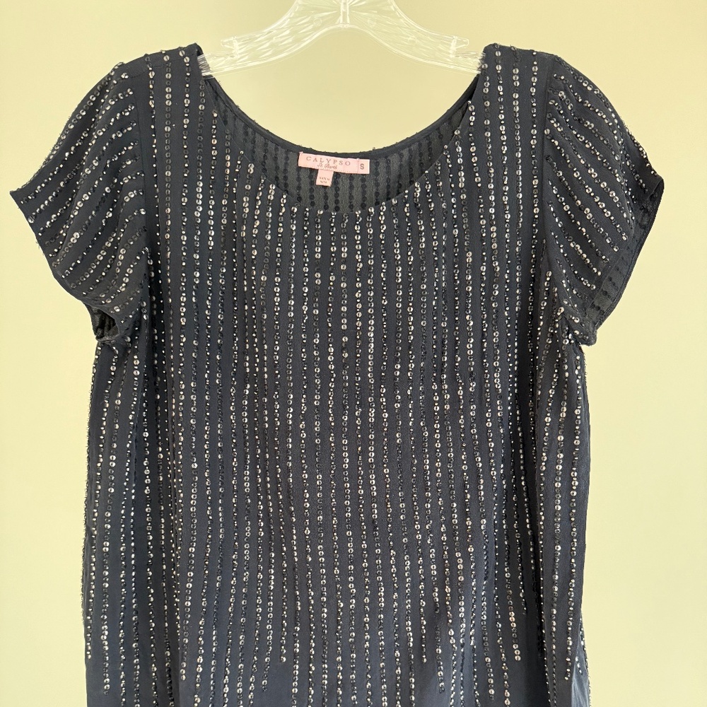 Size S navy sequined silk Calypso St. Barth top.